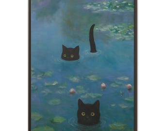 Impresión artística surrealista de gato negro: Monet, Estanque de nenúfares (Descarga digital)
