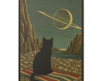 Retro Cat Saturn Print: Whimsical Space Landscape (Digital Download)