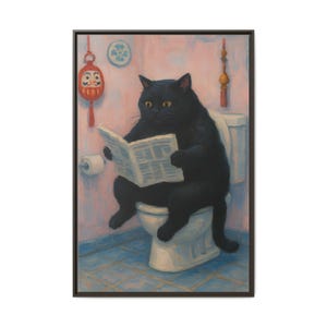 Black Cat on Toilet Wall Art Print – Humorous Bathroom Decor – Funny Cat Poster – Digital Download