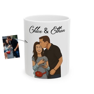 Custom Couple Portrait Mug - Personalized Cartoon Illustration from Photo with Names, Romantic Gift for Couples, Anniversary or Valentine’s