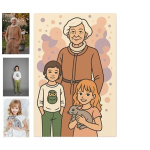 Retrato familiar personalizado a partir de fotos, ilustración de dibujos animados estilo acuarela de abuelos y niños con mascotas, regalo digital o en lienzo para abuela.