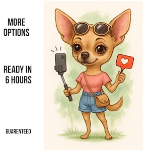Retrato de cachorro influenciador personalizado – Arte de cachorro Chihuahua a partir de foto – Presente engraçado para cachorro nas redes sociais – Impressão personalizada – Arquivo de 6 horas