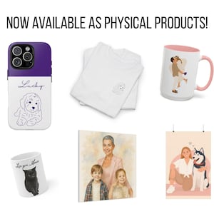 May include: A collection of physical products including a phone case, t-shirt, mug, and poster. The phone case is purple and white with a dog illustration. The t-shirt is white with a dog illustration. The mug has a pink interior and a couple illustration. The poster features a woman and a dog.