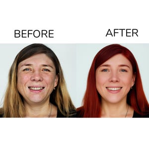 May include: Side-by-side comparison of a woman's face labeled "BEFORE" and "AFTER." The "BEFORE" image shows a woman with light brown hair and a natural complexion. The "AFTER" image shows the same woman with red hair and a made-up complexion.