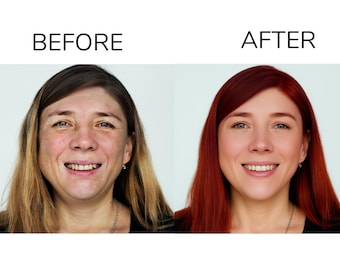 May include: Side-by-side comparison of a woman's face labeled "BEFORE" and "AFTER." The "BEFORE" image shows a woman with light brown hair and a natural complexion. The "AFTER" image shows the same woman with red hair and a made-up complexion.