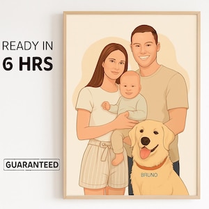 Custom Family Portrait Digital Download • Personalized Illustration from Photo • Couple, Baby & Pet Portrait • Gift for Loved Ones