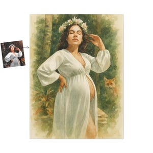 Retrato de maternidad personalizado en acuarela a partir de una foto - Ilustración de embarazo - Descarga digital, póster o lienzo como regalo para la futura mamá