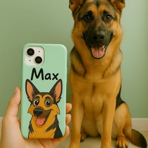 Custom German Shepherd Phone Case Feom Photo – Personalized Dog Name & Cartoon Portrait – Dog Lover Gift for iPhone , Google Pixel , Samsung