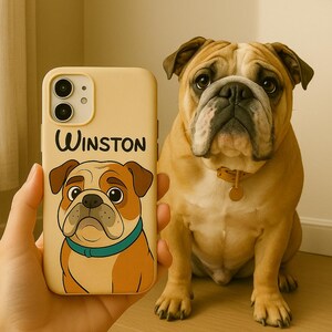 Personalized Bulldog Phone Case , Custom English Bulldog Cartoon Portrait with Name , Dog Lover Gift for iPhone , Google Pixel , Samsung
