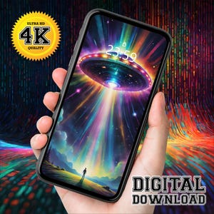 May include: A smartphone displaying a colorful digital illustration of a UFO with a beam of light shining down on a person standing in a field. The time on the phone is 23:59. The phone is being held in a hand. The image is labeled "DIGITAL DOWNLOAD" in the bottom right corner.