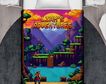 Retro Videogame Pixel Art met aangepaste naam - Gepersonaliseerde Video Game Deken - Fleece Sherpa Deken of Velveteen Pluche Deken