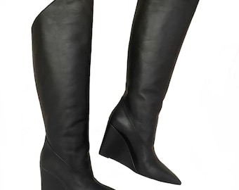 Botas altas de cuña de piel negra vintage de Hermes (EU 40 / US 10)