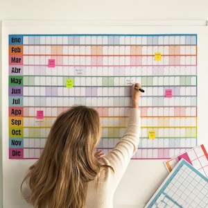 Puede incluir: Un gran calendario anual de pared con filas horizontales para cada mes de enero a diciembre, codificado por colores en azul, naranja, rosa, verde, morado, gris, rojo, amarillo y magenta, con pequeñas notas adhesivas en varias fechas.