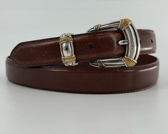 Vintage 90s Eddie Bauer Brown Leather Belt with Distressed Silver Buckle Vintage Eddie Bauer Brown Leather Belt – Brass Buckle  main image 4