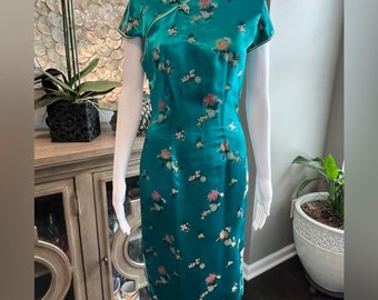 Superbe robe vintage cheongsam asiatique en satin sarcelle authentique