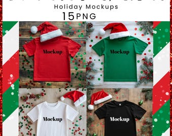 Kids & Toddler Holiday Shirt Mockup Bundle, Christmas Mockups, Bella Canvas Shirt Mockups, Christmas, 15 Images, Red, Green, Black, White.