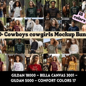 May include: A mockup bundle of 120+ cowboys and cowgirls wearing t-shirts, sweatshirts, and tank tops. The bundle includes 18 colors and features Gildan 18000, Bella Canvas 3001, and Gildan 5000 brands. The text "Your Design Here" is displayed on each garment.