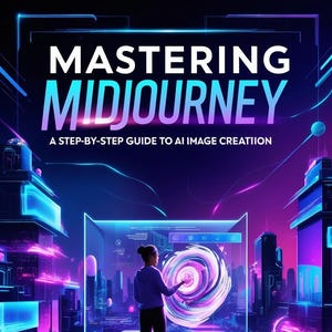 Puede incluir: Portada de libro con el título "MASTERING MIDJOURNEY" en blanco y azul, con el subtítulo "A STEP-BY-STEP GUIDE TO AI IMAGE CREATIION". La imagen muestra a una persona frente a una interfaz digital con un diseño en espiral, en un paisaje urbano futurista.
