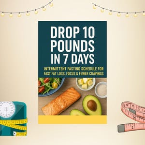 Peut inclure: Image promotion de la perte de poids avec le texte « PERDEZ 4,5 KG EN 7 JOURS ». Elle comprend une balance, un mètre ruban et des aliments sains comme le saumon et l'avocat. L'image suggère un régime de jeûne intermittent.