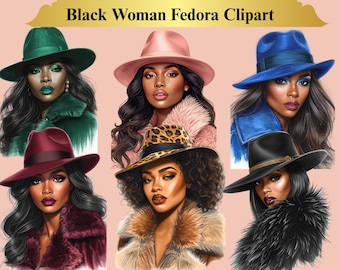 Black Women Fedora Clipart: Luxury Fashion PNG Bundle (300 DPI, Transparent Backgrounds)