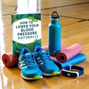 May include: A blue and green running shoe, a blue water bottle, a red and blue yoga mat, a white fitness tracker with a blue band, and a book titled "How to Lower Your Blood Pressure Naturally" by Tiffany Banks-Parker.