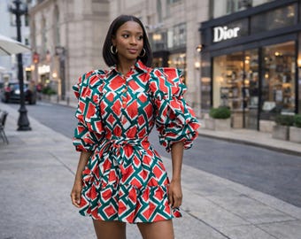 Geometric Mini Dress, Bold Balloon Sleeve, Waist Tie