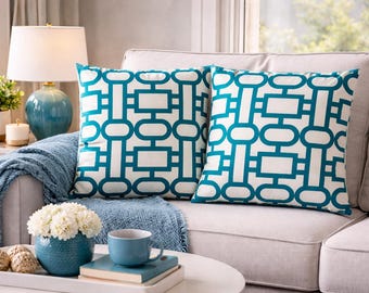 Modern Geometric Pillow Covers, Teal & White, Set of 2 (16x16 inch)