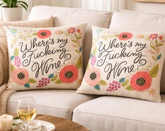 Floral Wine Pillow Cover Set, Funny Accent Pillows, 16x16