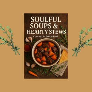 May include: A cookbook cover with the title "Soulful Soups & Hearty Stews" and the tagline "Comfort in Every Bowl." The image features a bowl of stew with carrots and meat, surrounded by ingredients.