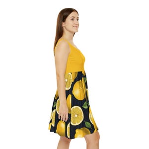 Fruit Skater Dress, Lemon Patterned Dress, Citrus Print Summer Dress, Women&#39;s Flare Dress, Bright Yellow Dress