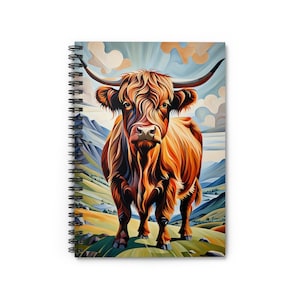 Spiral Notebook - Highland Cow Art Painting, Ruled Line Sketchbook, Lined Journal, Farm Animal Notepad, Nature Lover Gift, Rustic Art
