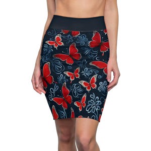 Butterfly Pencil Skirt, Women&#39;s Clothing, Red Blue Patterned Skirt, Spring Fashion, Insect Lover Gift, Nature Inspired Apparel