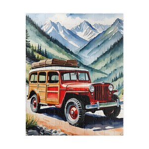Puzzle, Willys Wagon off-road 4x4 watercolor mountains, Jigsaw, Indoor Activity, Family Game Night, Relaxation, Brain Teaser, Gift for
