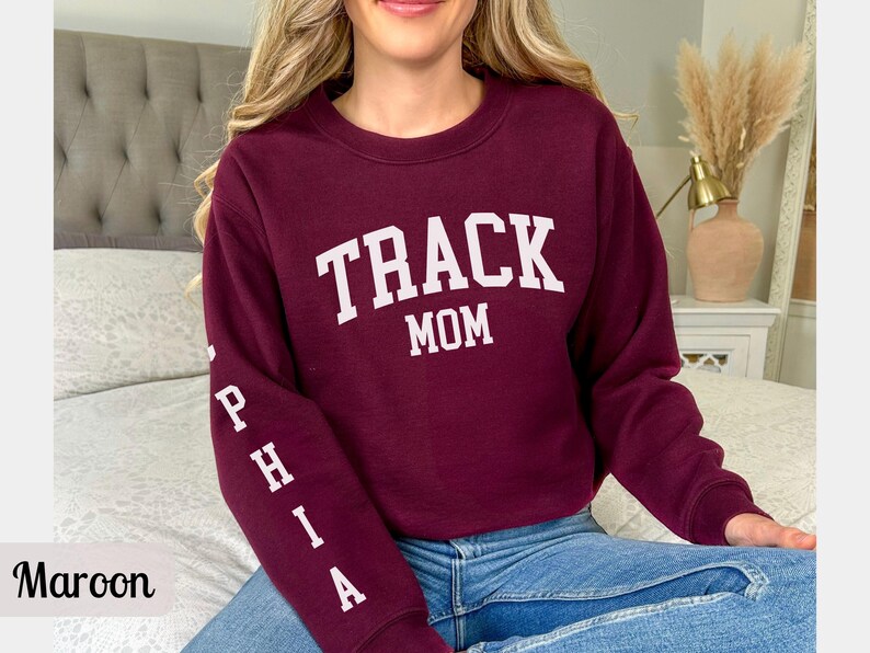 Custom Track Mom Sweatshirt with Name, Track and Field Shirt for Mama Birthday, Girl Track Gift for Mom, Track Team Sweater Track Sweatshirt Maroon