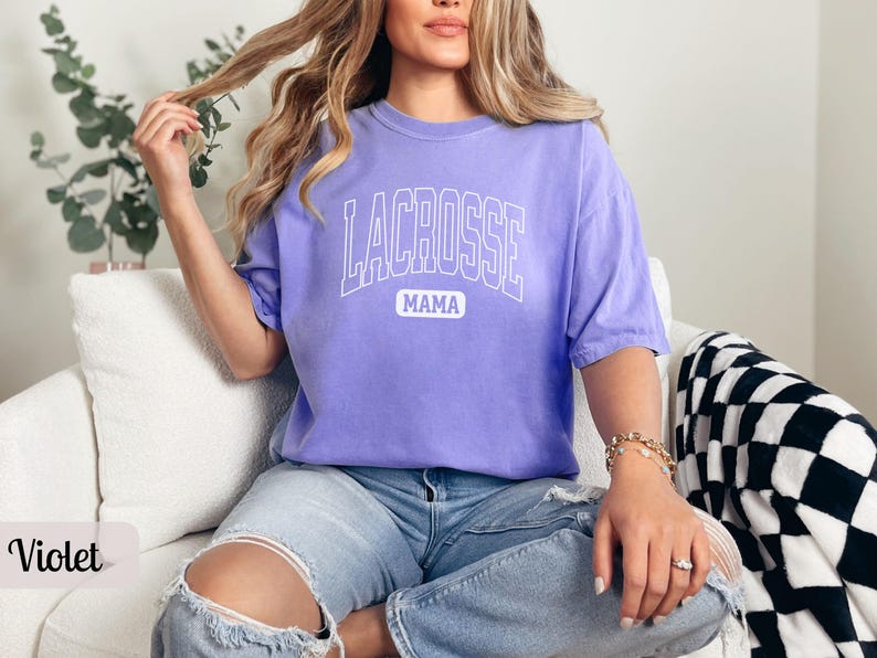 Custom Lacrosse Mom Shirt Comfort Colors, Personalized Name Lacrosse Mama Tshirt Womens Lacrosse Long Sleeve T Shirt Gift for Sports Mom Tee Violet