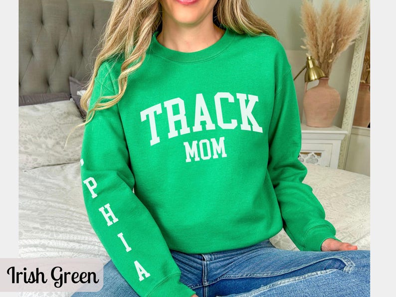 Custom Track Mom Sweatshirt with Name, Track and Field Shirt for Mama Birthday, Girl Track Gift for Mom, Track Team Sweater Track Sweatshirt Irish Green