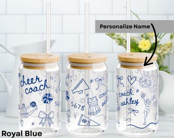 Personalized Cheer Coach Iced Coffee Glass Cup, Custom Cheer Coach Gift, Unique Coaches Gift for Cheerleading Coach Glass Tumbler with Straw