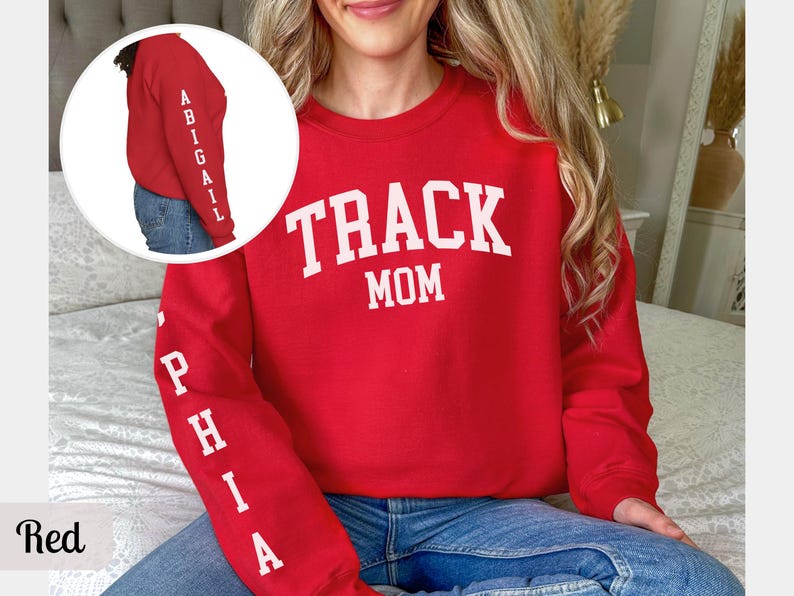 Custom Track Mom Sweatshirt with Name, Track and Field Shirt for Mama Birthday, Girl Track Gift for Mom, Track Team Sweater Track Sweatshirt Red