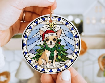 Custom Chihuahua Ornament, Ceramic Faux Stained Glass Chihuahua Christmas Ornament, Dog First Christmas Ornament, Dog Mom Xmas Keepsake Gift
