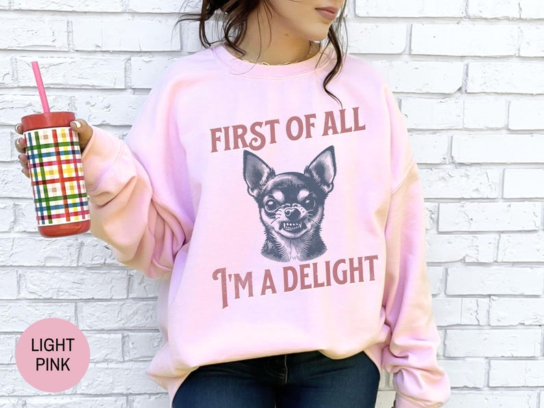 Retro First of All I'm a Delight Chihuahua Sweatshirt, Funny Chihuahua Shirt, Chihuahua Dog Mom Hoodie, Vintage Sarcastic Dog Mom Crewneck afbeelding 8