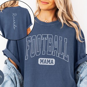 Custom Football Mom Tshirt Comfort Colors, Personalized Football Mama Shirt with Name on Back, Mom Game Day Tee Sports Mom Gift for Team Mom bild 1