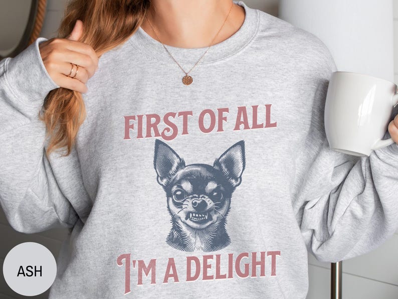 Retro First of All I'm a Delight Chihuahua Sweatshirt, Funny Chihuahua Shirt, Chihuahua Dog Mom Hoodie, Vintage Sarcastic Dog Mom Crewneck afbeelding 11