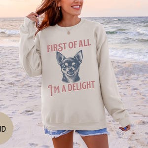 Retro First of All I'm a Delight Chihuahua Sweatshirt, Funny Chihuahua Shirt, Chihuahua Dog Mom Hoodie, Vintage Sarcastic Dog Mom Crewneck afbeelding 2