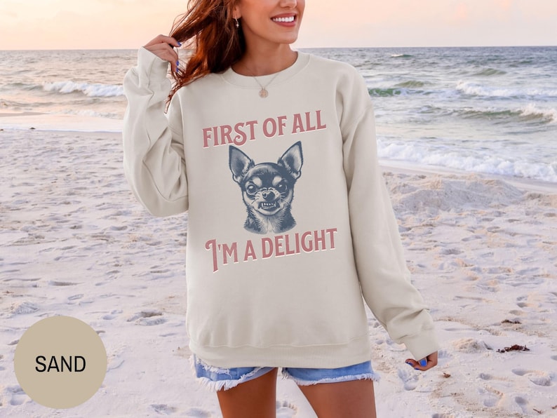 Retro First of All I'm a Delight Chihuahua Sweatshirt, Funny Chihuahua Shirt, Chihuahua Dog Mom Hoodie, Vintage Sarcastic Dog Mom Crewneck afbeelding 2