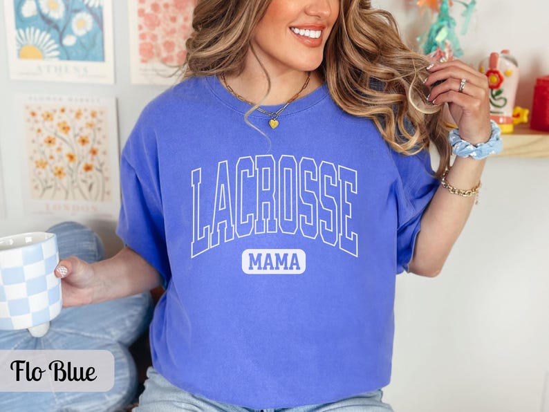 Custom Lacrosse Mom Shirt Comfort Colors, Personalized Name Lacrosse Mama Tshirt Womens Lacrosse Long Sleeve T Shirt Gift for Sports Mom Tee Flo Blue