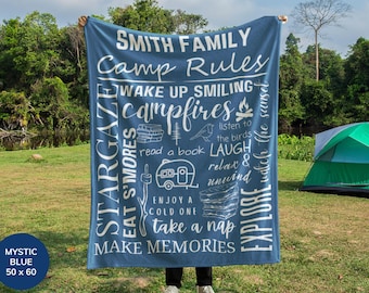 Manta de camping personalizada, reglas de camping, regalo para mamá, manta para autocaravana, regalo de Navidad para campistas, regalo para parejas, regalo para amantes de los campamentos.