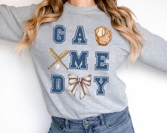 Coquette Game Day Baseball Sweatshirt, Baseball Mom Sweatshirt Baseball Bow Sports Mom Sweater Baseball Gameday Hoodie for Baseball Fan Gift