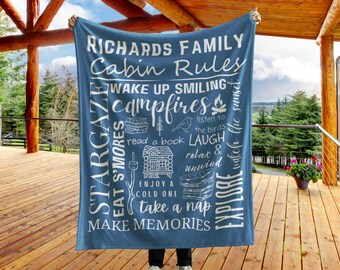 Personalized Cabin Blanket, Cabin Rules Log Cabin Gift for Mom Mountain Cabin Home Decor Throw Blanket with Name Couples Gift for Christmas