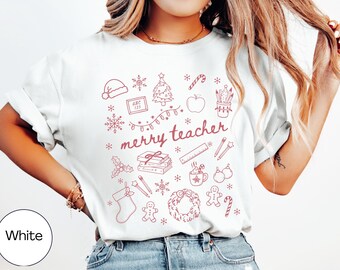 Merry Teacher Christmas Shirt Comfort Colors, Kindergarten Christmas Teacher Shirt, Cute Holiday Teacher T-Shirt Preschool Xmas Teacher Tee