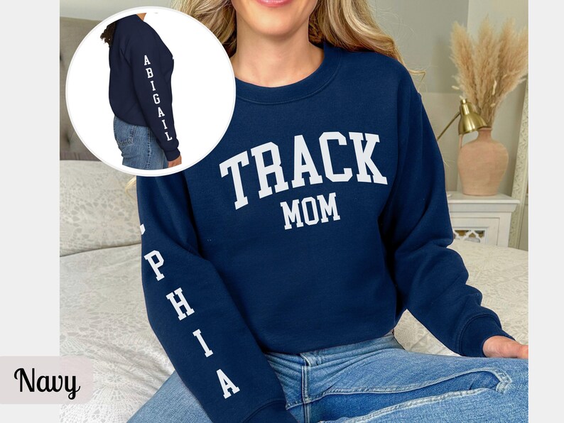 Custom Track Mom Sweatshirt with Name, Track and Field Shirt for Mama Birthday, Girl Track Gift for Mom, Track Team Sweater Track Sweatshirt Navy